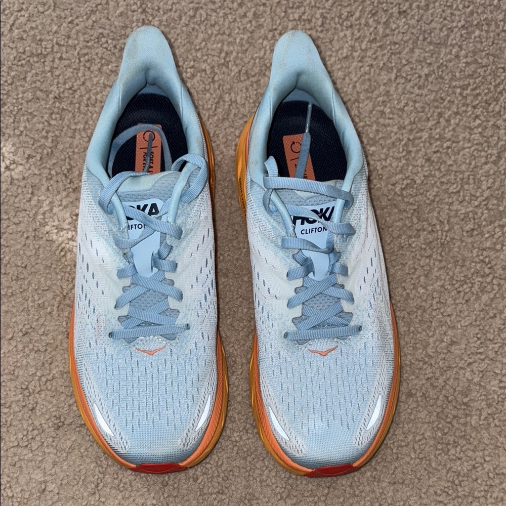 Hoka Clifton Running Shoes 8 - Light Blue and Orange